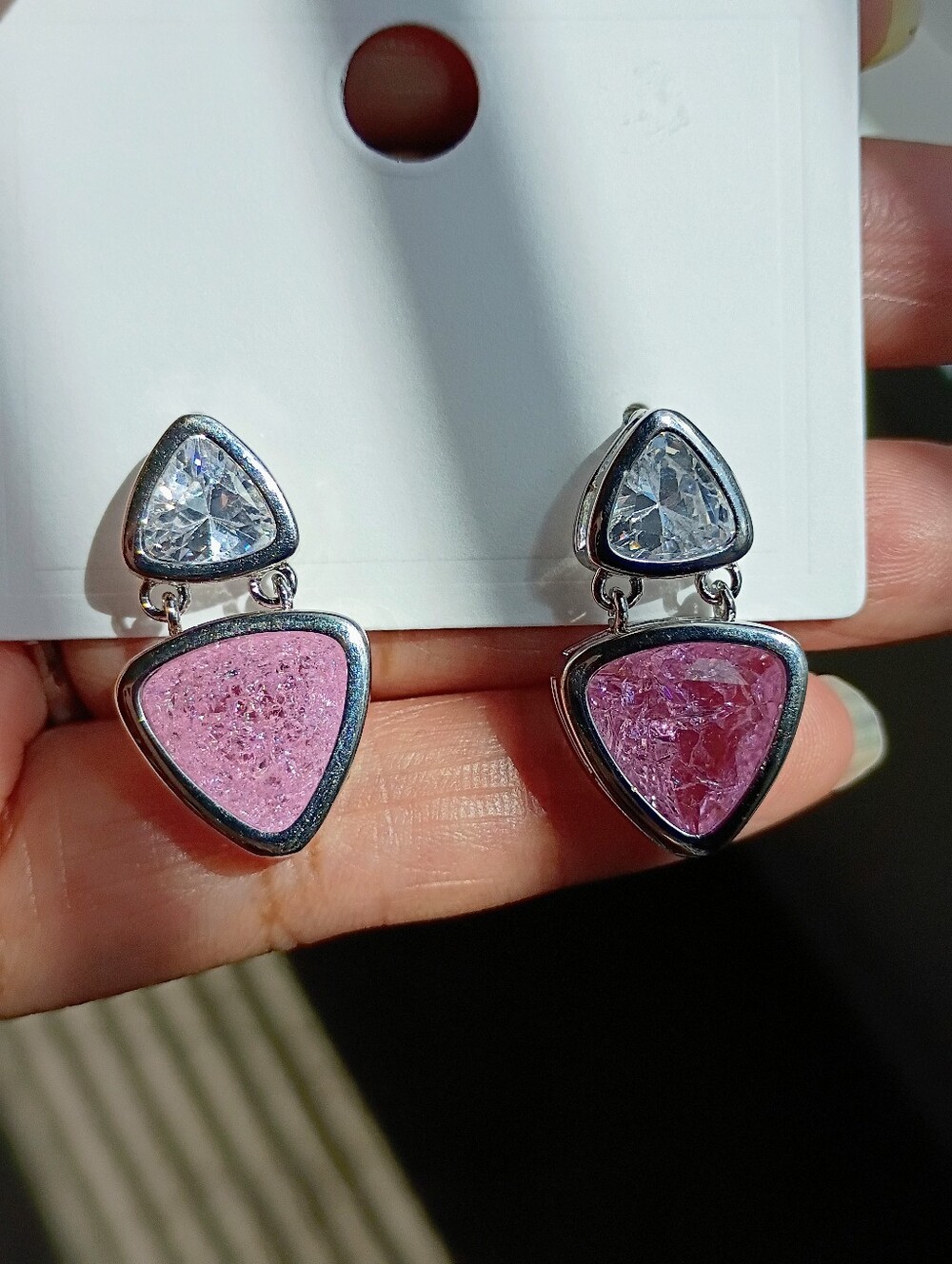 NewSilver-Tone Pink Triangle Drop Earrings with Clear Accents